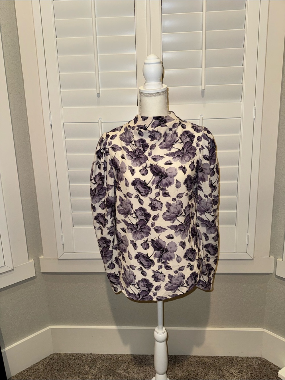 Cream Blouse with Purple Floral Print - Women's Long Sleeve Top